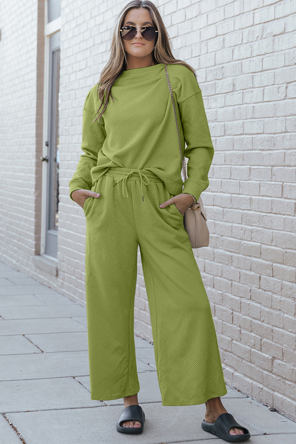 Double Take Full Size Textured Long Sleeve Top and Pants Set