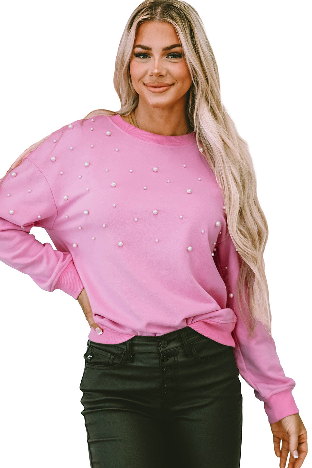 Bonbon Pearl Detail Ribbed Crew Neck Sweatshirt