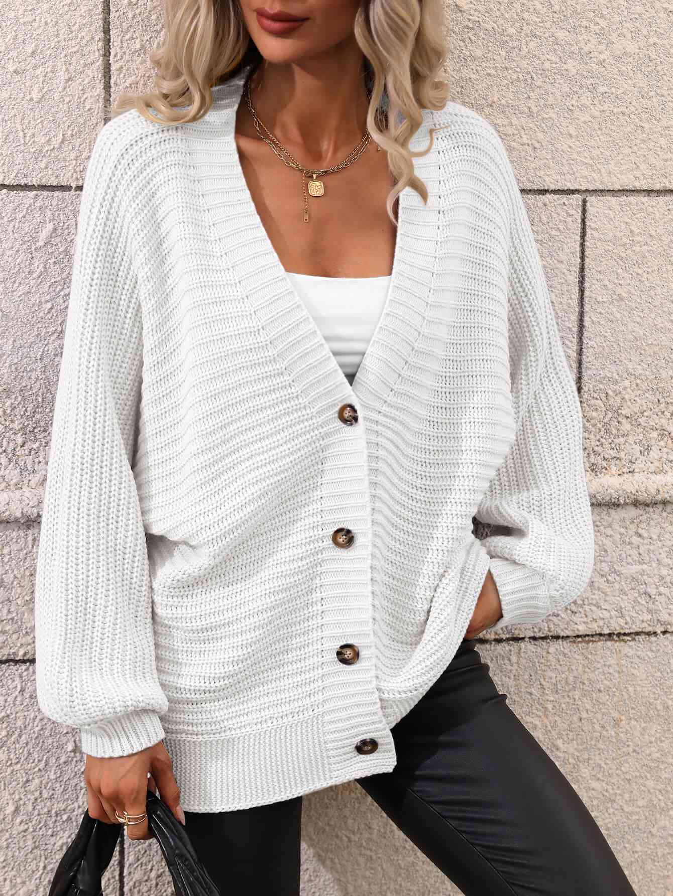 Double Take Button Down Horizontal-Ribbing Longline Cardigan