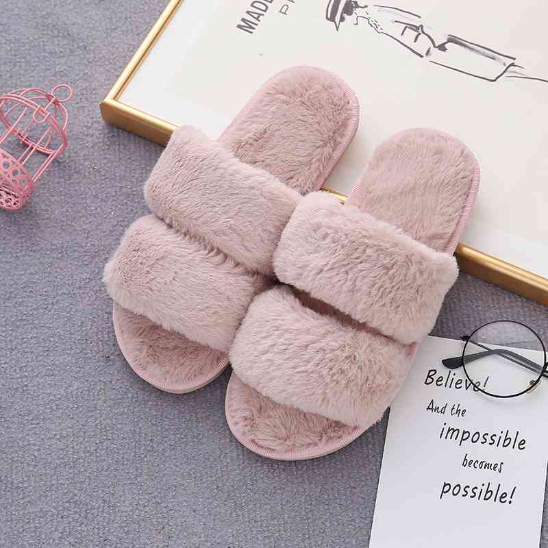 Faux Fur Double Strap Slippers