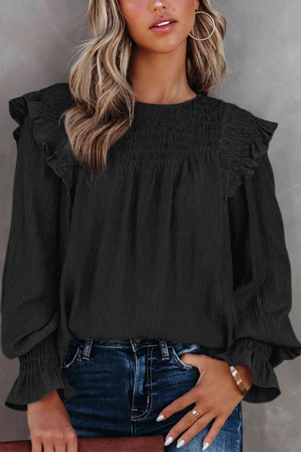 Smocked Flounce Sleeve Blouse