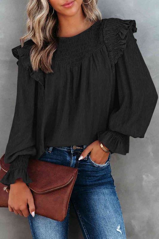 Smocked Flounce Sleeve Blouse