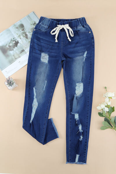 Distressed Raw Hem Jeans with Pockets