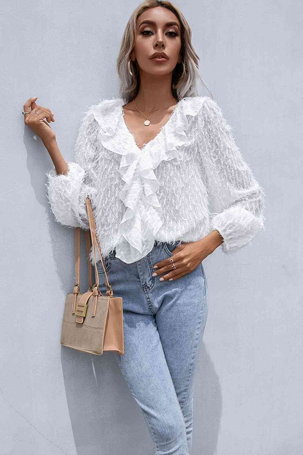 Double Take Ruffle Hem V-Neck Balloon Sleeve Blouse