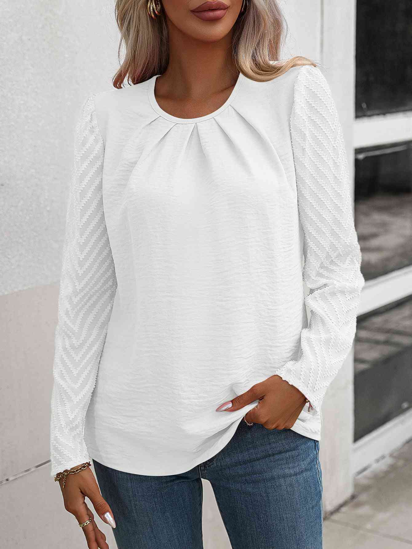 Ruched Round Neck Puff Sleeve Blouse