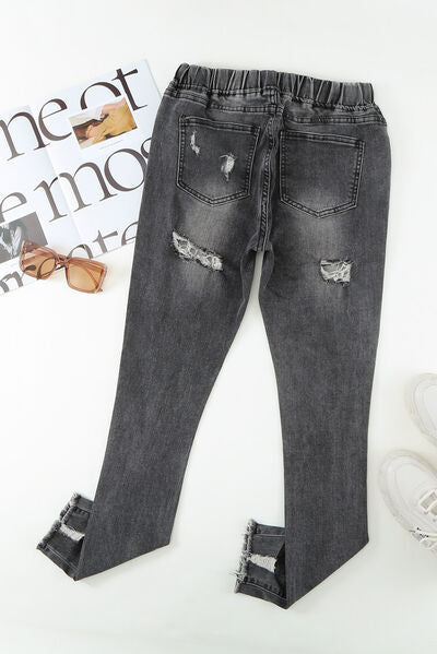 Distressed Raw Hem Jeans with Pockets