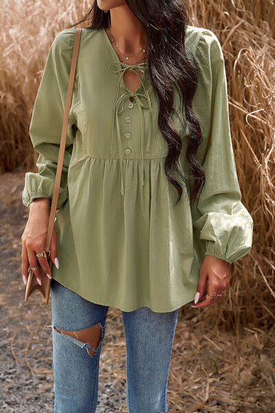 Tied Decorative Button Balloon Sleeve Blouse