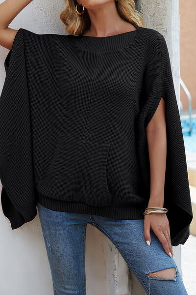 Waffle-Knit Pocketed Cape Sleeve Sweater