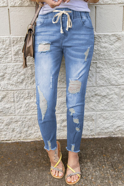 Distressed Raw Hem Jeans with Pockets