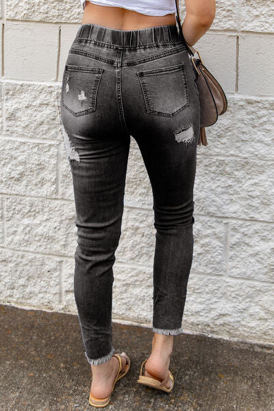 Distressed Raw Hem Jeans with Pockets