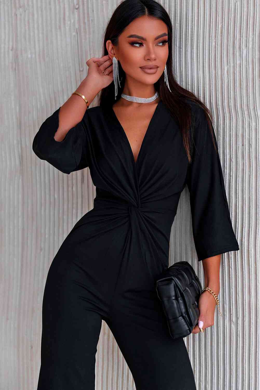 Twisted Plunge Three-Quarter Sleeve Jumpsuit