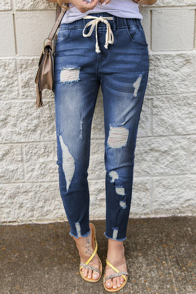 Distressed Raw Hem Jeans with Pockets