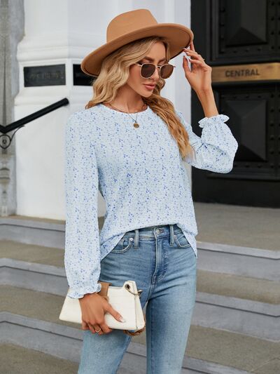 Printed Round Neck Flounce Sleeve Blouse