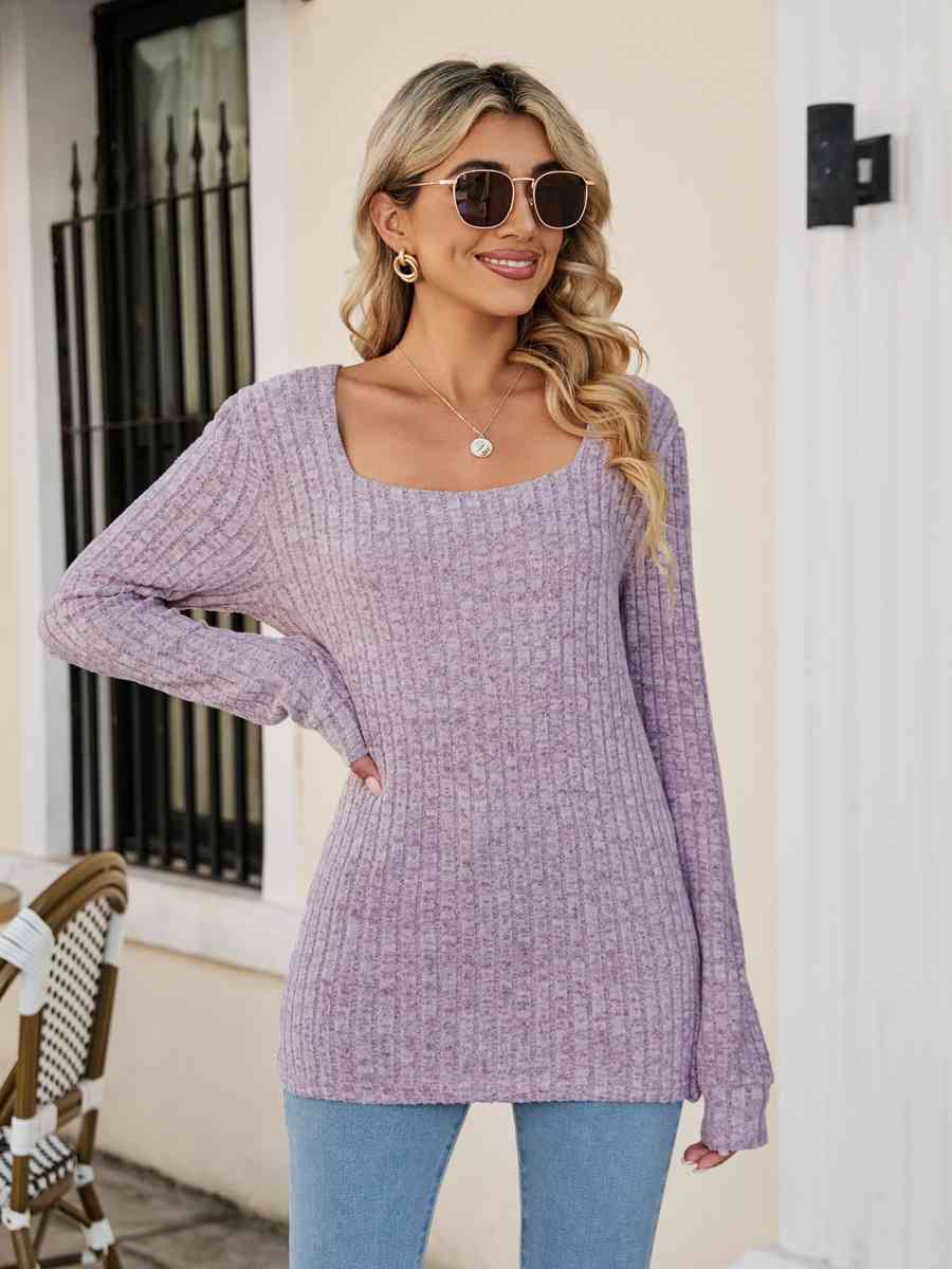 Square Neck Ribbed Long Sleeve T-Shirt