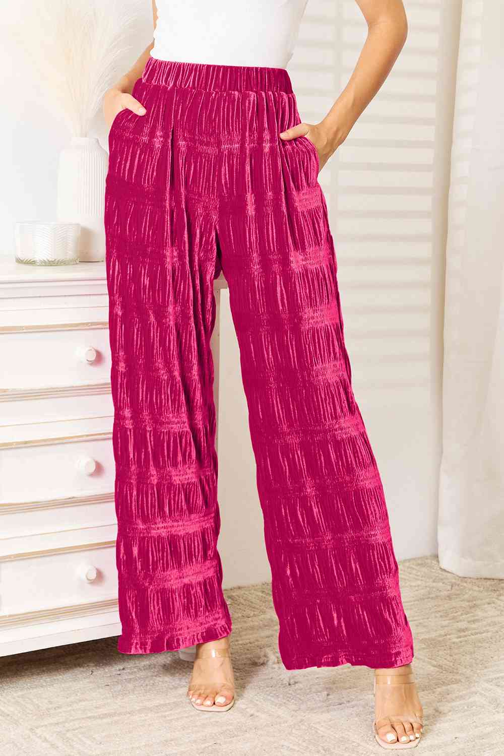 Double Take Full Size High Waist Tiered Velvet Wide Leg Pants