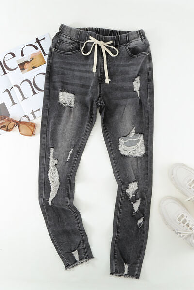 Distressed Raw Hem Jeans with Pockets