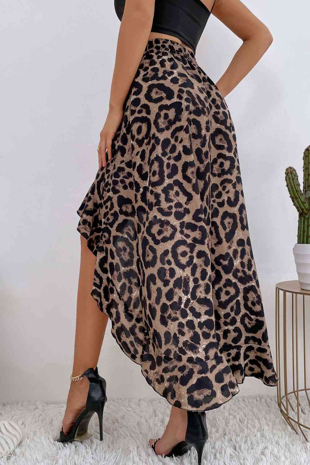 Leopard Ruffle Hem High-Low Skirt