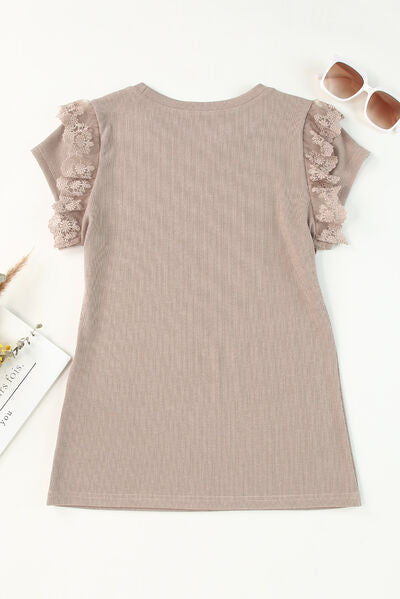 Lace Detail Round Neck Cap Sleeve T-Shirt