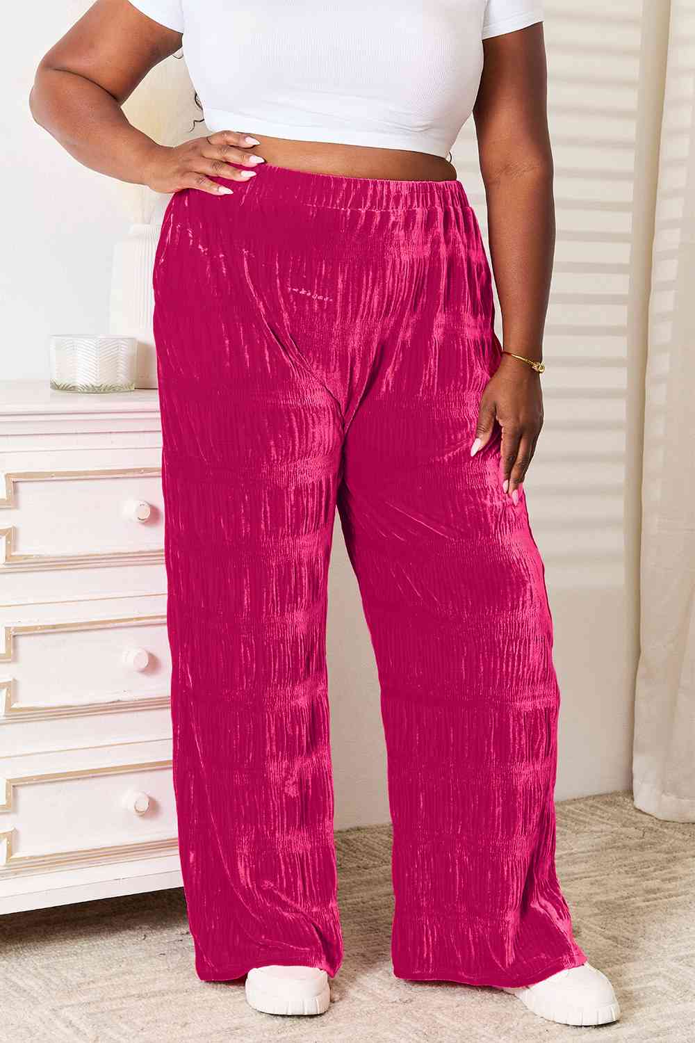 Double Take Full Size High Waist Tiered Velvet Wide Leg Pants