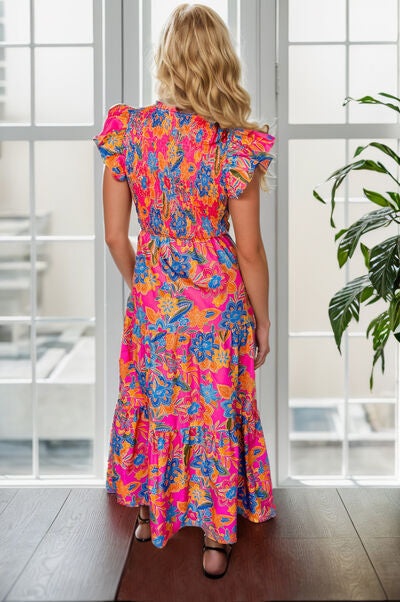 Printed V-Neck Cap Sleeve Pocketed Midi Dress