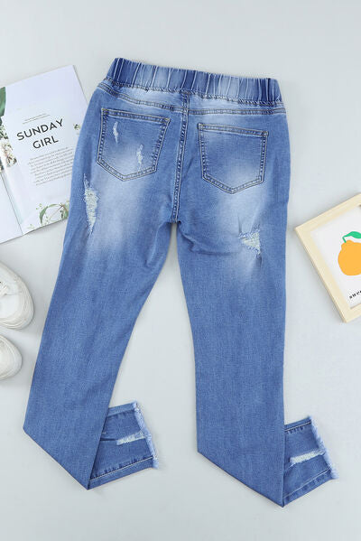 Distressed Raw Hem Jeans with Pockets