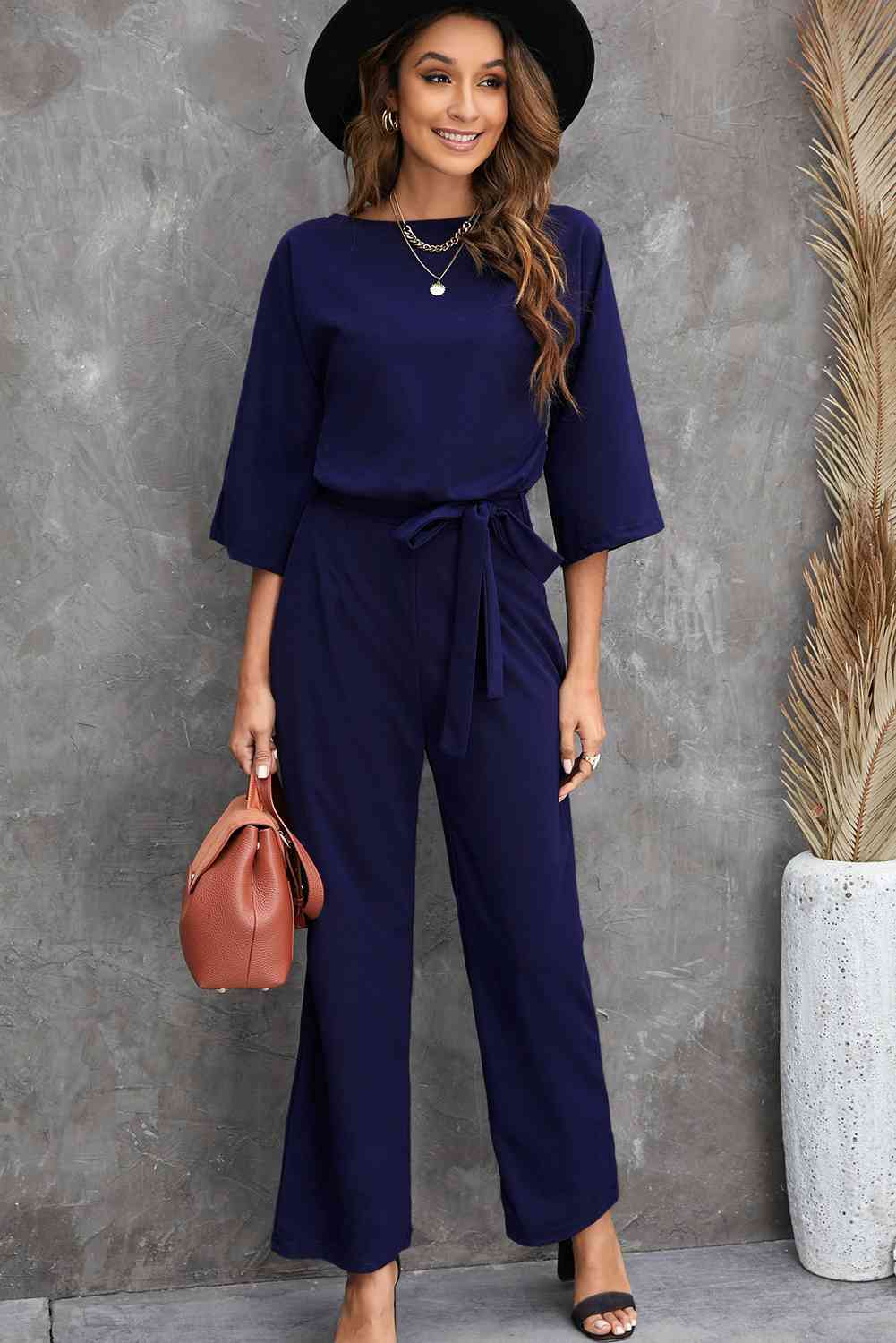 Belted Three-Quarter Sleeve Jumpsuit