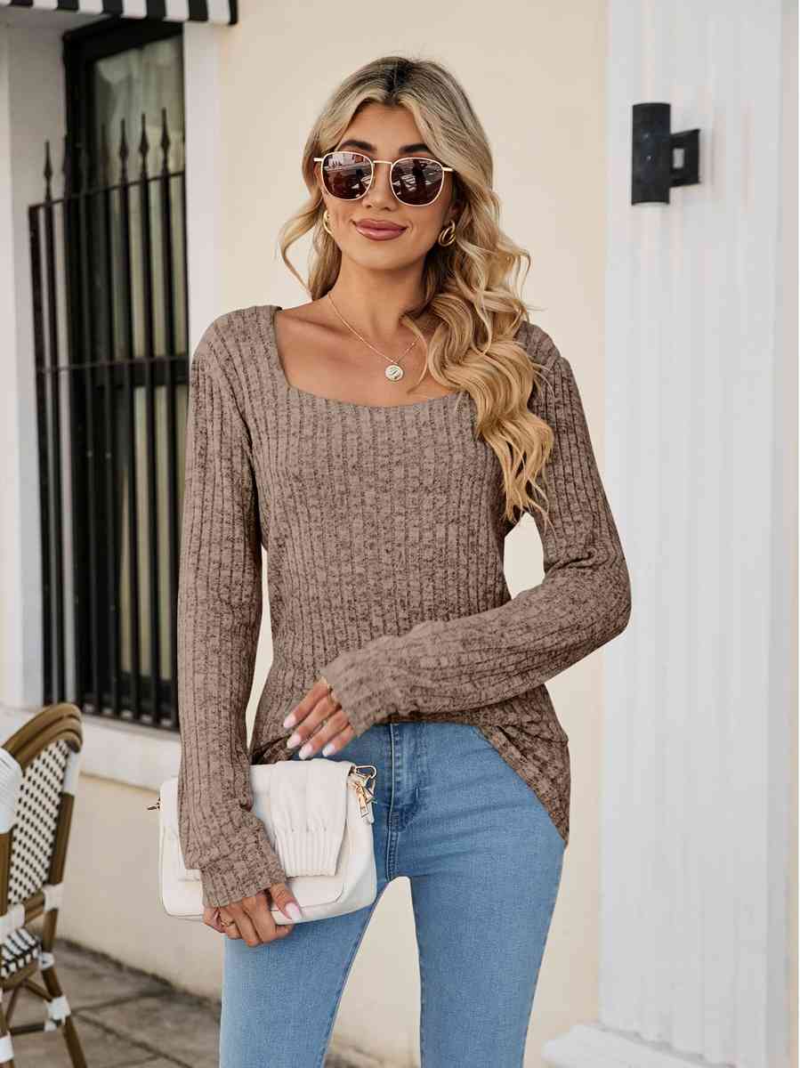 Square Neck Ribbed Long Sleeve T-Shirt