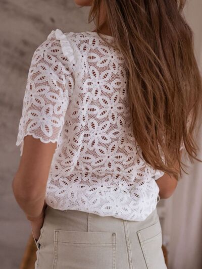 Openwork Round Neck Short Sleeve Blouse