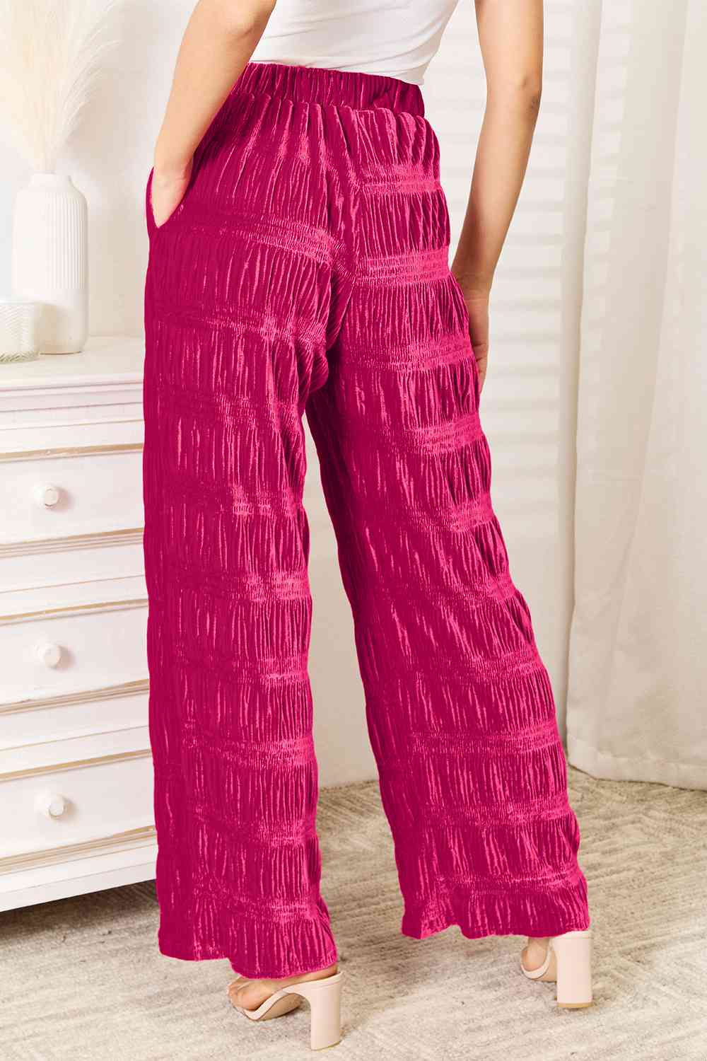 Double Take Full Size High Waist Tiered Velvet Wide Leg Pants