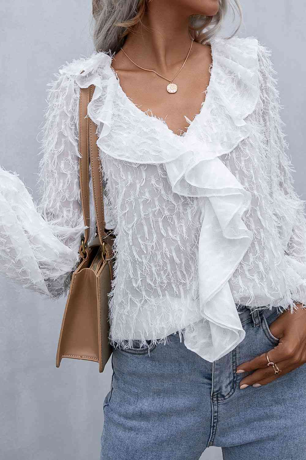 Double Take Ruffle Hem V-Neck Balloon Sleeve Blouse