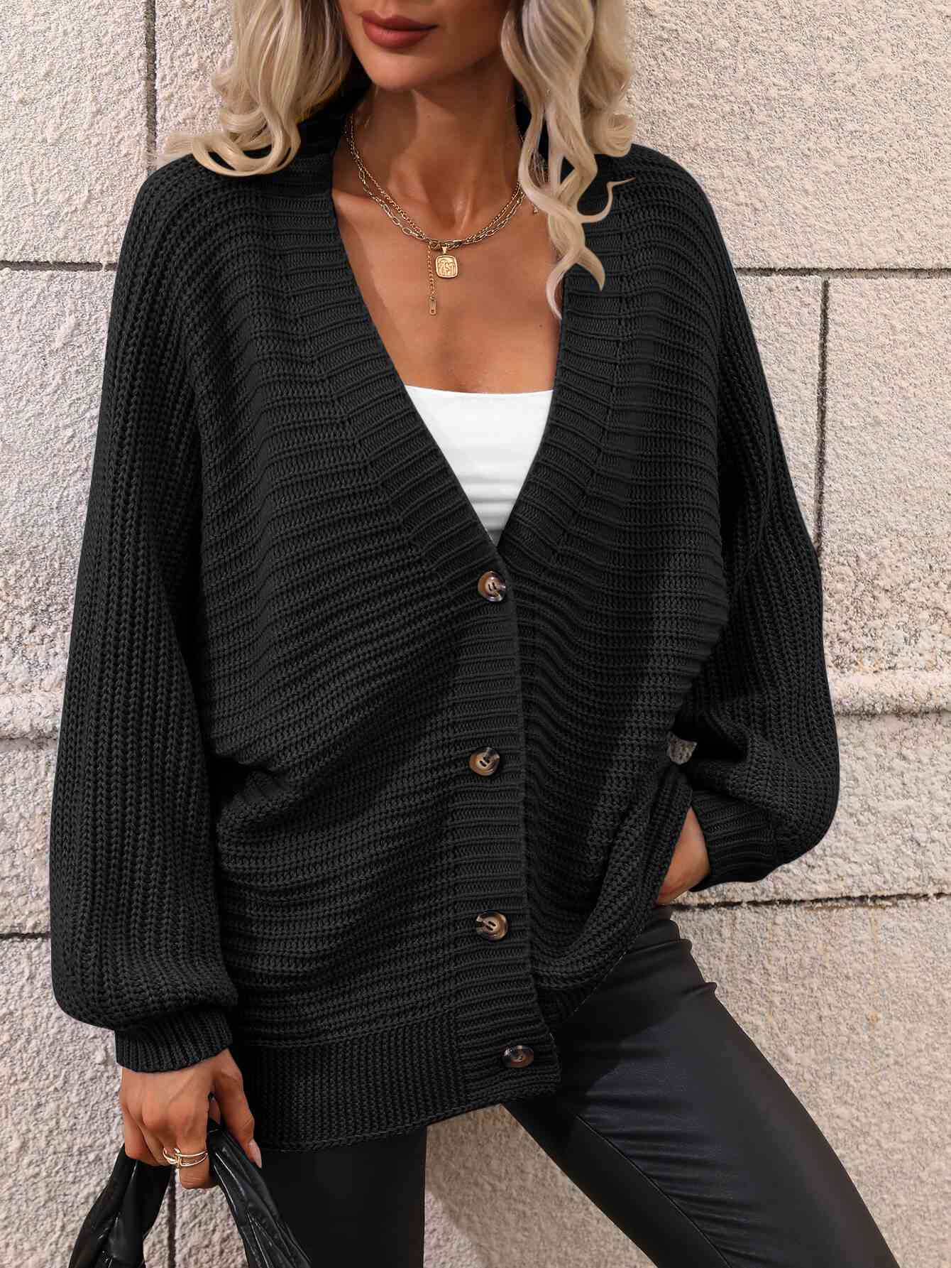 Double Take Button Down Horizontal-Ribbing Longline Cardigan