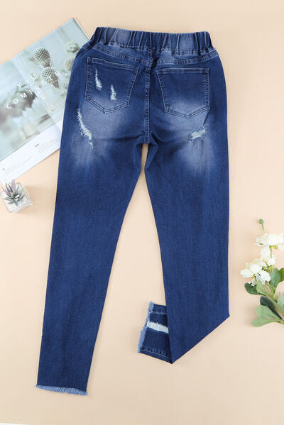 Distressed Raw Hem Jeans with Pockets