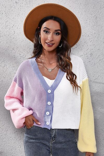 Color Block Button Up V-Neck Knit Sweater