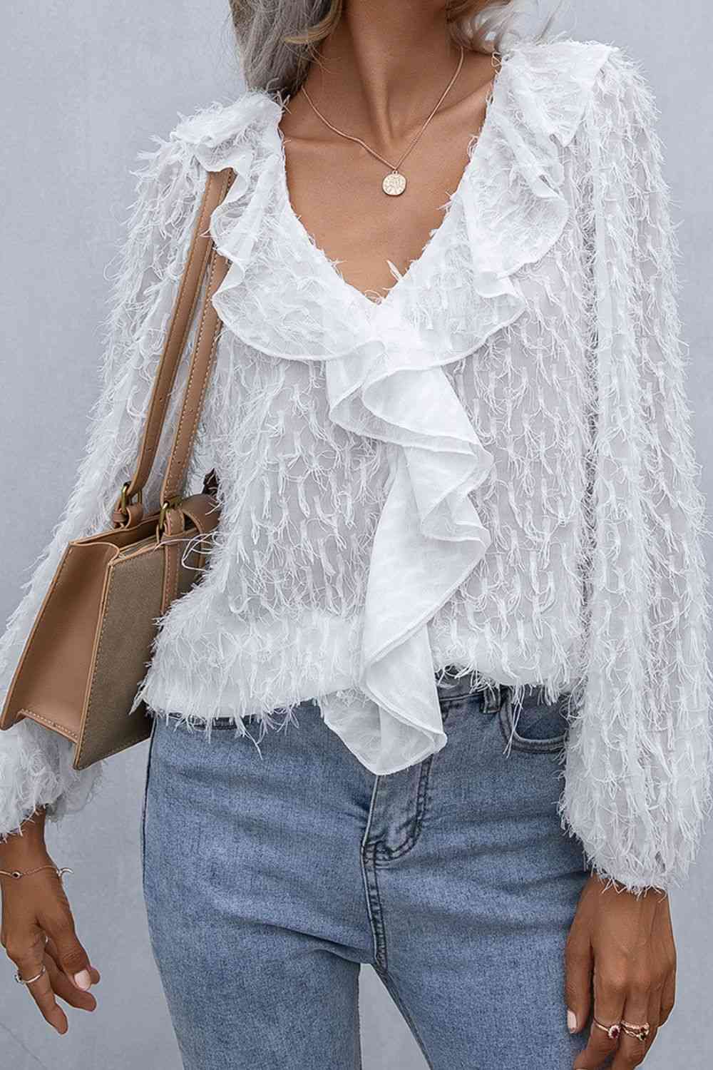 Double Take Ruffle Hem V-Neck Balloon Sleeve Blouse