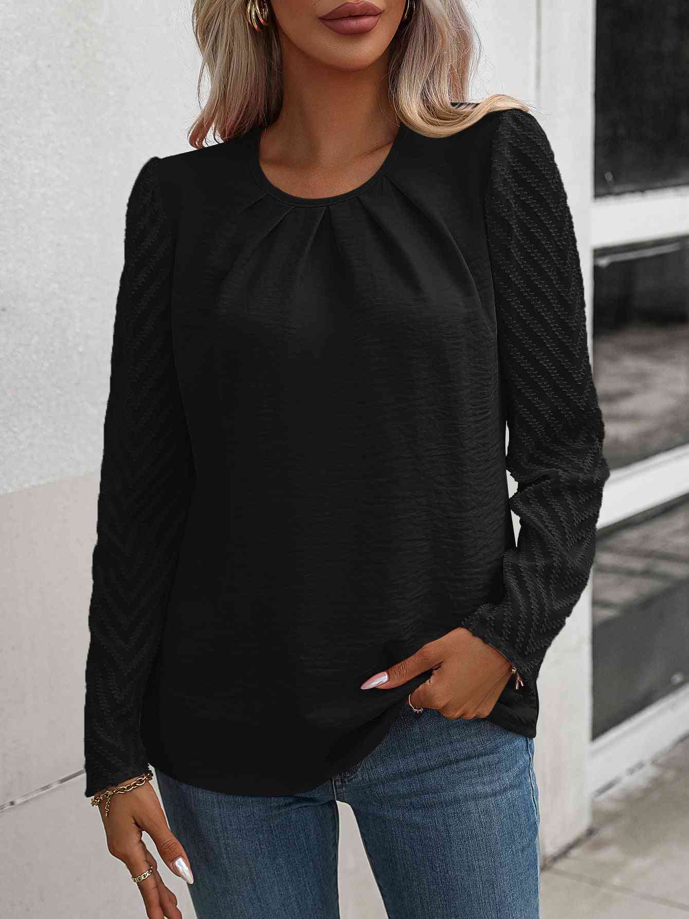 Ruched Round Neck Puff Sleeve Blouse