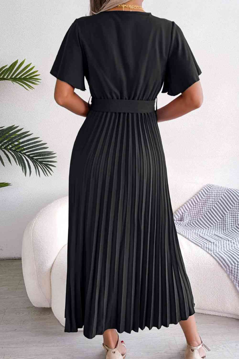 Pleated Flutter Sleeve Belted Dress