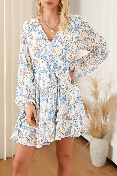 Printed Surplice Balloon Sleeve Mini Dress