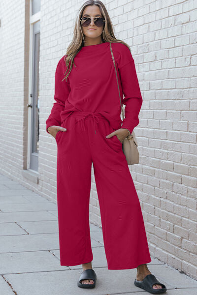 Double Take Full Size Textured Long Sleeve Top and Pants Set