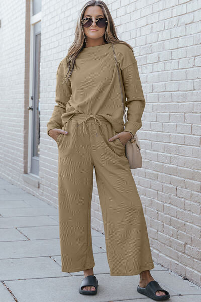 Double Take Full Size Textured Long Sleeve Top and Pants Set