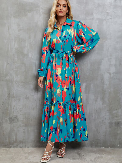 Frill Tied Printed Balloon Sleeve Dress