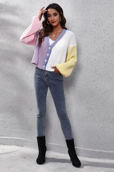 Color Block Button Up V-Neck Knit Sweater