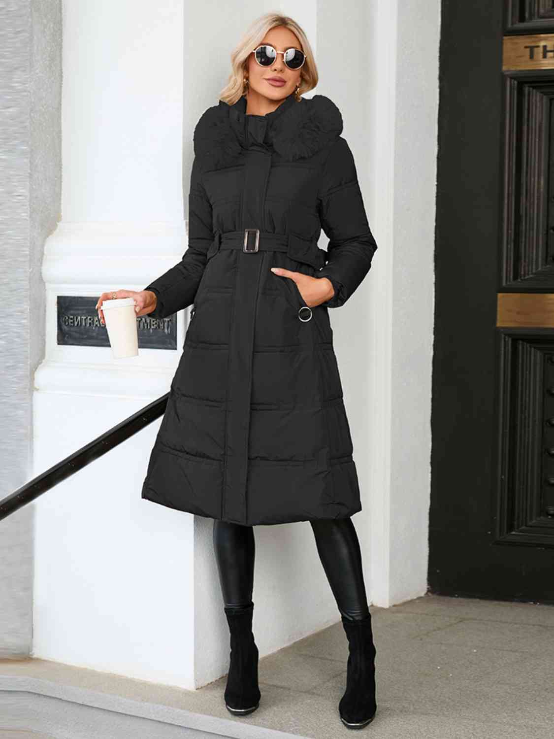 Longline Hooded Winter Coat with Pockets