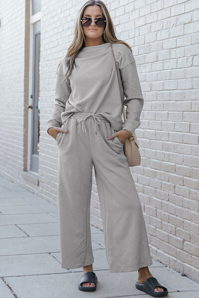 Double Take Full Size Textured Long Sleeve Top and Pants Set