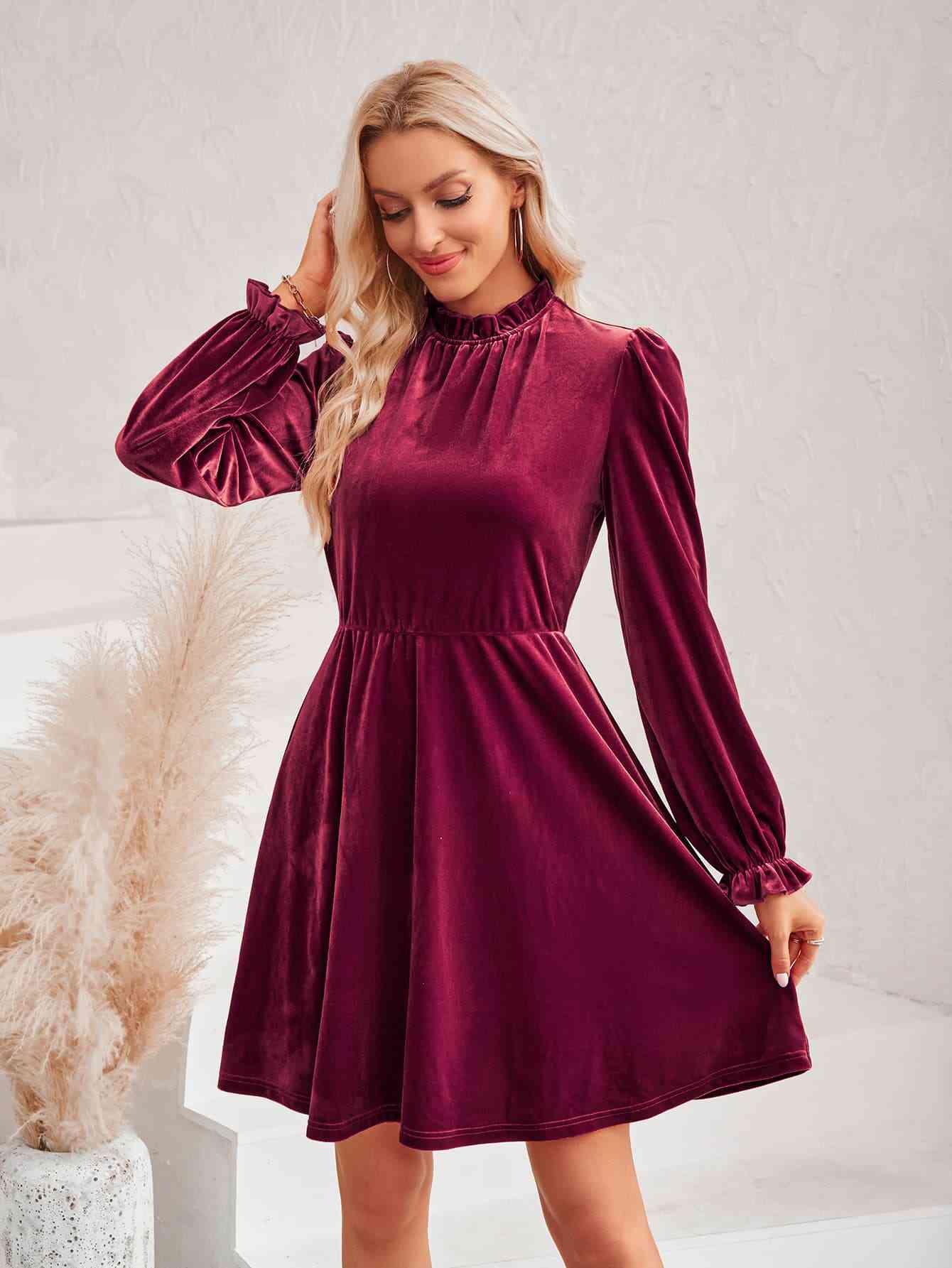 Long Flounce Sleeve A-Line Dress