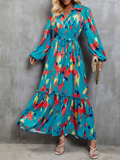 Frill Tied Printed Balloon Sleeve Dress